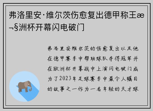 弗洛里安·维尔茨伤愈复出德甲称王欧洲杯开幕闪电破门 弗洛里安·维尔茨伤愈复出德甲称王欧洲杯开幕闪电破门
